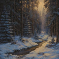 Snowy Winter Forest Stream Mural Wallpaper — Moody Landscape Decor Mural Wallpaper - room preview 04