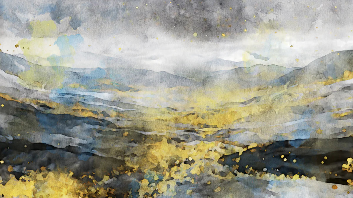 Golden Mist Mountain Mural Wallpaper — Abstract Watercolor Landscape Mural Wallpaper - room preview 04