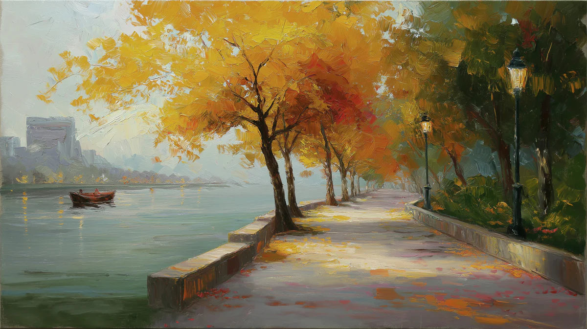 Autumn Lakeside Promenade Mural Wallpaper — Impressionistic Park Scene Mural Wallpaper - room preview 04