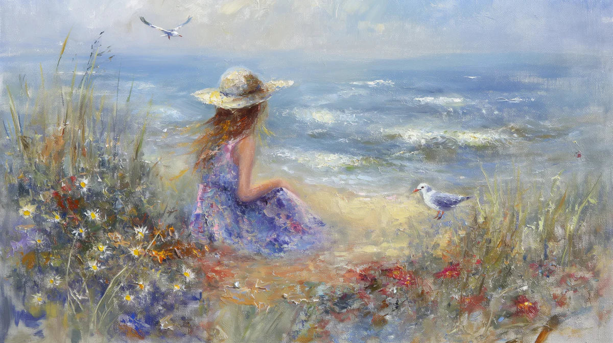 Coastal Impressionist Girl and Seagull Mural Wallpaper - room preview 04