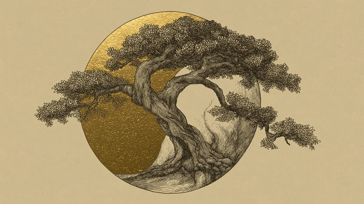 Golden Zen Bonsai Tree Mural Wallpaper — Minimalist Fine Art Mural Wallpaper - room preview 04