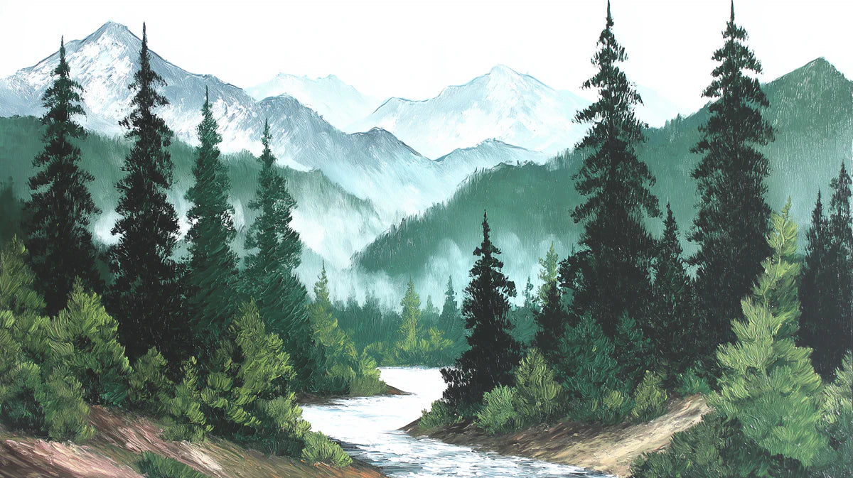 Alpine River Forest Mural Wallpaper — Painted Mountain Landscape Mural Wallpaper - room preview 04
