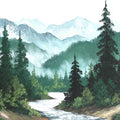 Alpine River Forest Mural Wallpaper — Painted Mountain Landscape Mural Wallpaper - room preview 04
