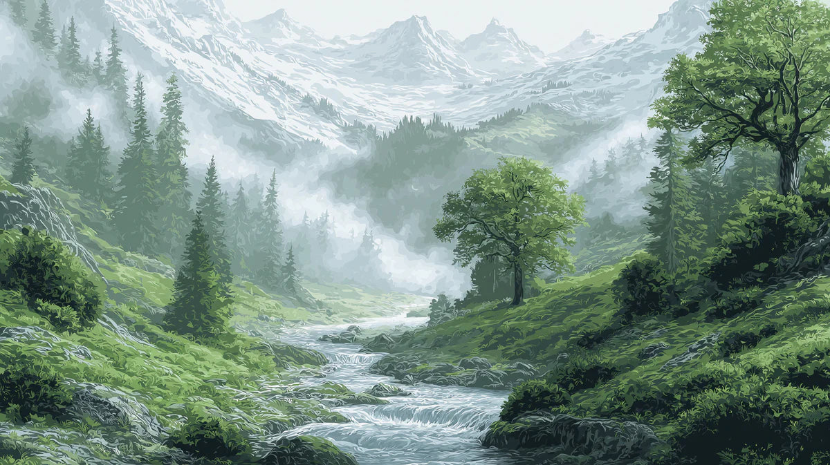 Misty Alpine Valley Mural Wallpaper — Impressionistic Mountain Scene Mural Wallpaper - room preview 04