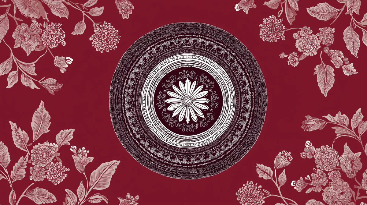 Burgundy Mandala & Chrysanthemum Mural — Traditional Wall Art Mural Wallpaper - room preview 04
