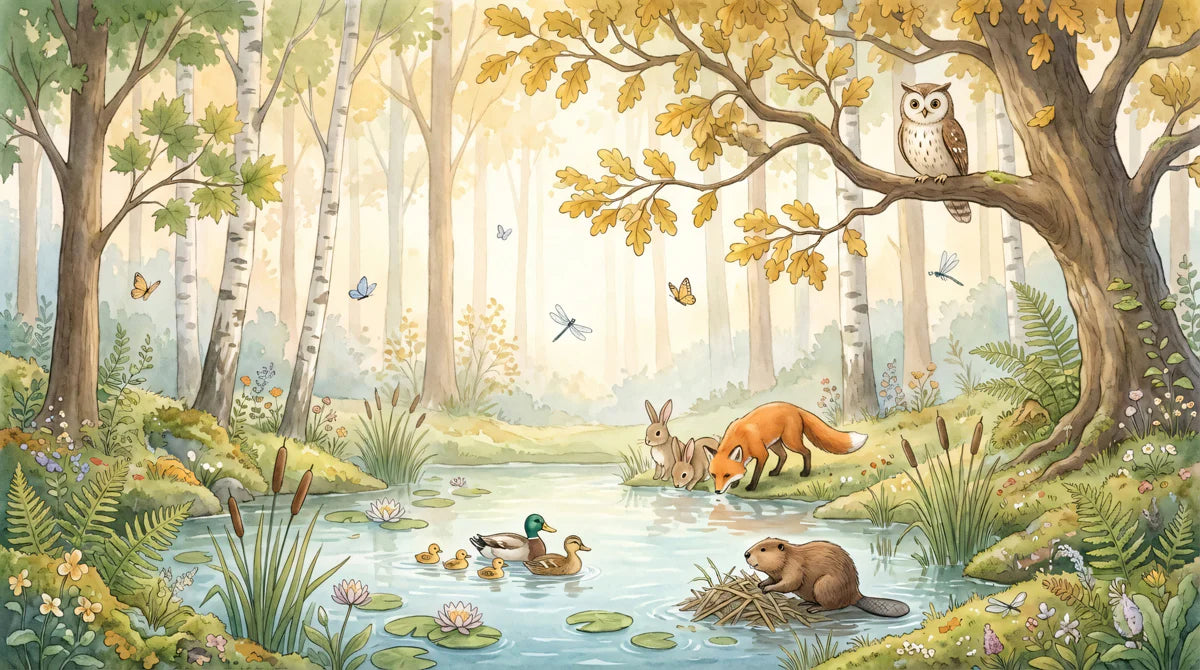 Sunlit Woodland Pond Mural Wallpaper with Forest Friends Mural Wallpaper - room preview 04