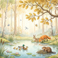 Sunlit Woodland Pond Mural Wallpaper with Forest Friends Mural Wallpaper - room preview 04