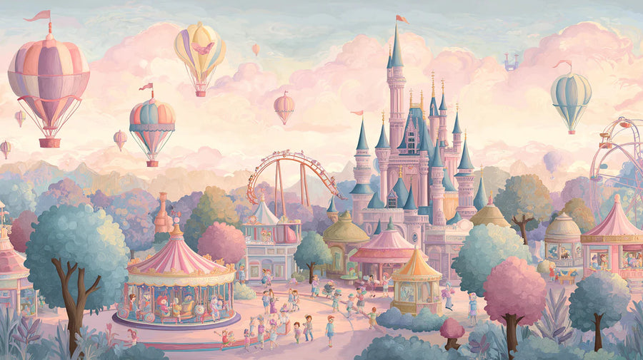 Kids Room Wallpaper Mural – Children Wall Mural – Fantasy Castle and Fairground — Whimsical Decor printable artwork