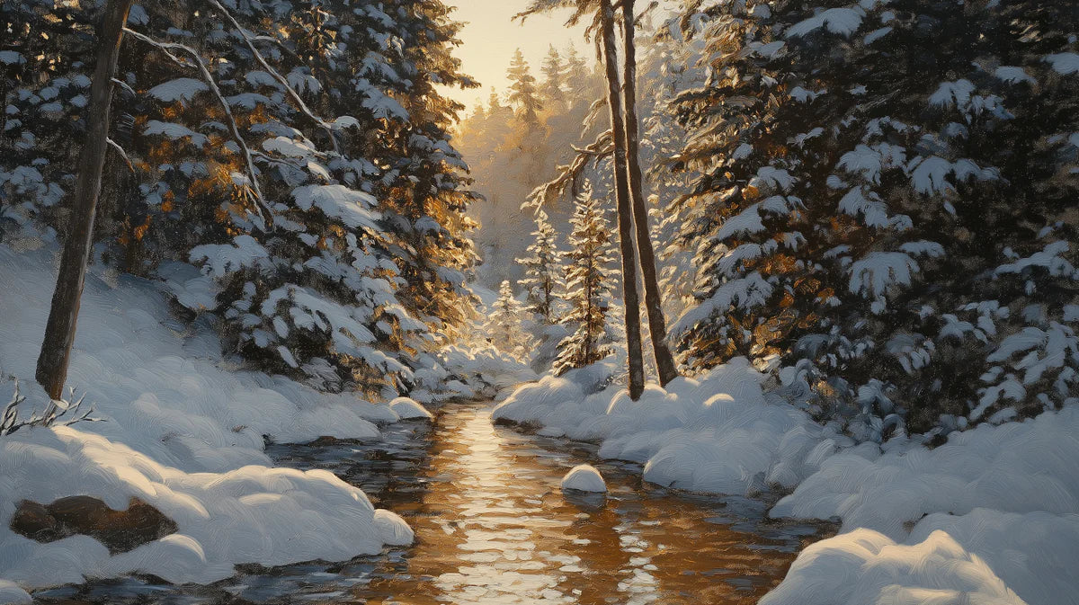 Sunlit Winter Brook Mural Wallpaper — Impressionist Forest Scene Mural Wallpaper - room preview 04