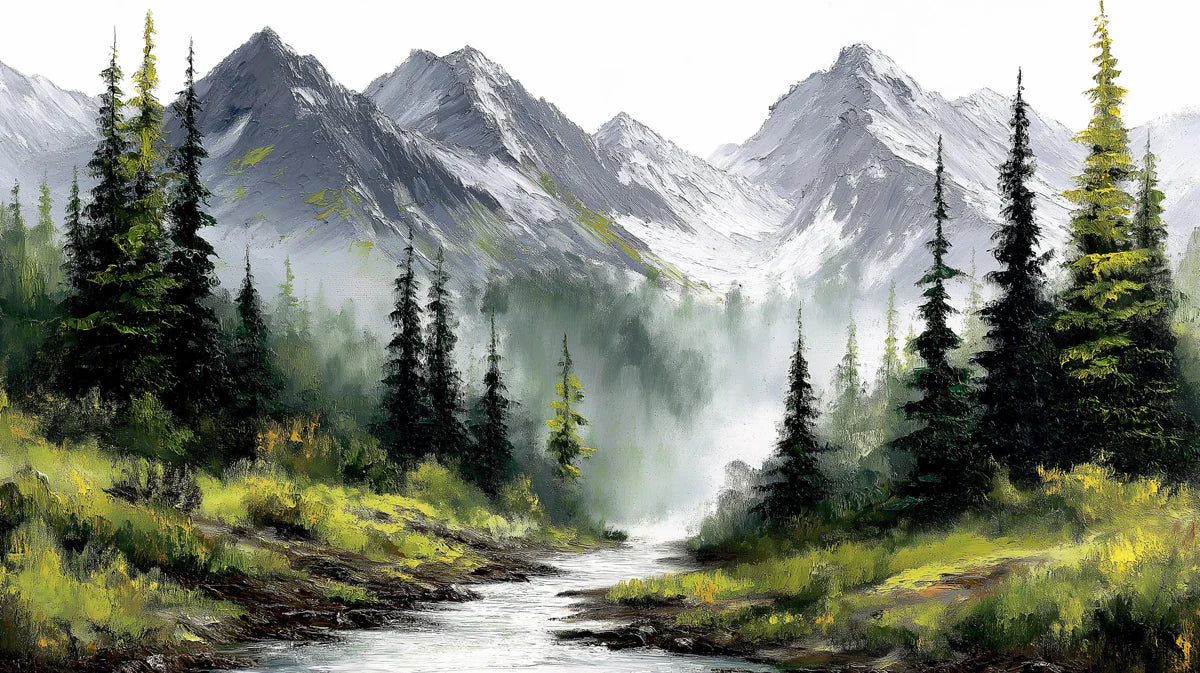 Alpine Mist Mountain Landscape Mural Wallpaper —Oil Painting Style Mural Wallpaper - room preview 04
