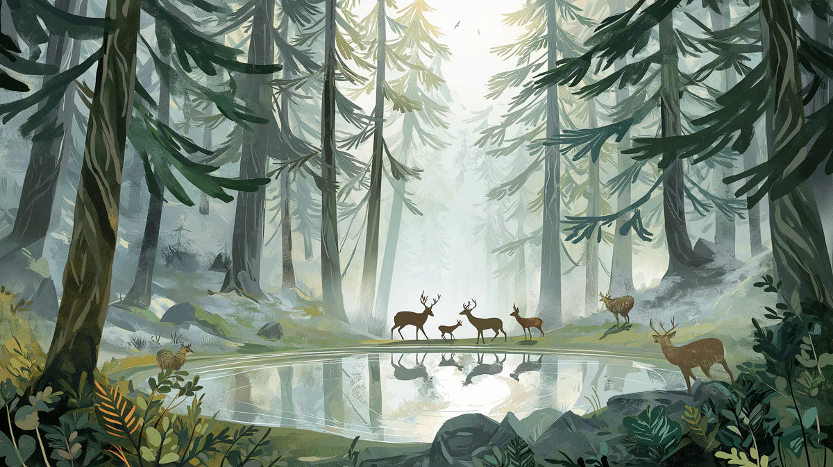 Misty Deer Forest Mural Wallpaper — Impressionistic Woodland Scene Mural Wallpaper - room preview 04