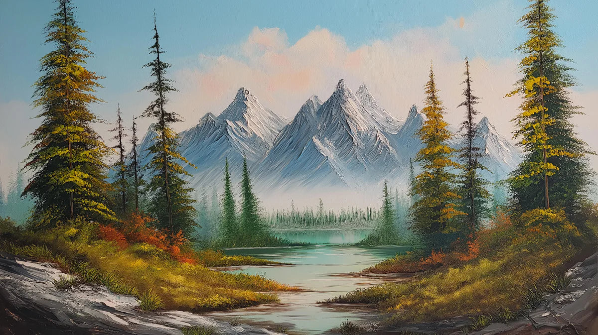 Alpine Wilderness Mural Wallpaper — Impressionistic Oil Painting Mural Wallpaper - room preview 04