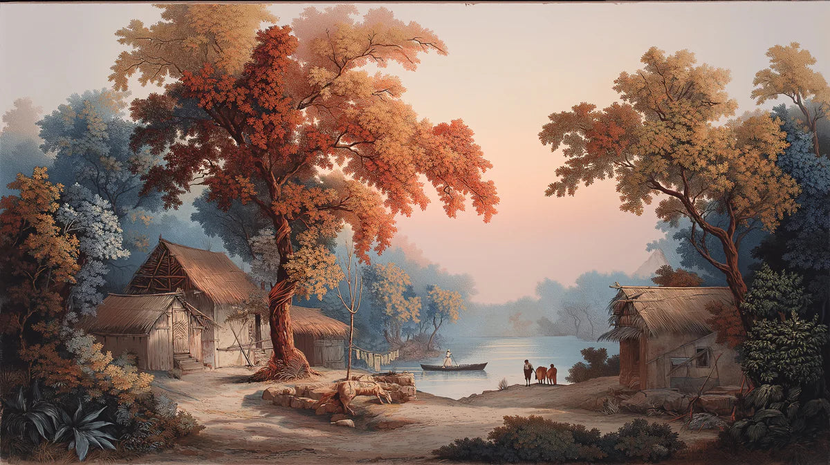 Rustic Riverbank Village Mural — Classical Landscape Wall Art Mural Wallpaper - room preview 04
