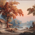 Rustic Riverbank Village Mural — Classical Landscape Wall Art Mural Wallpaper - room preview 04