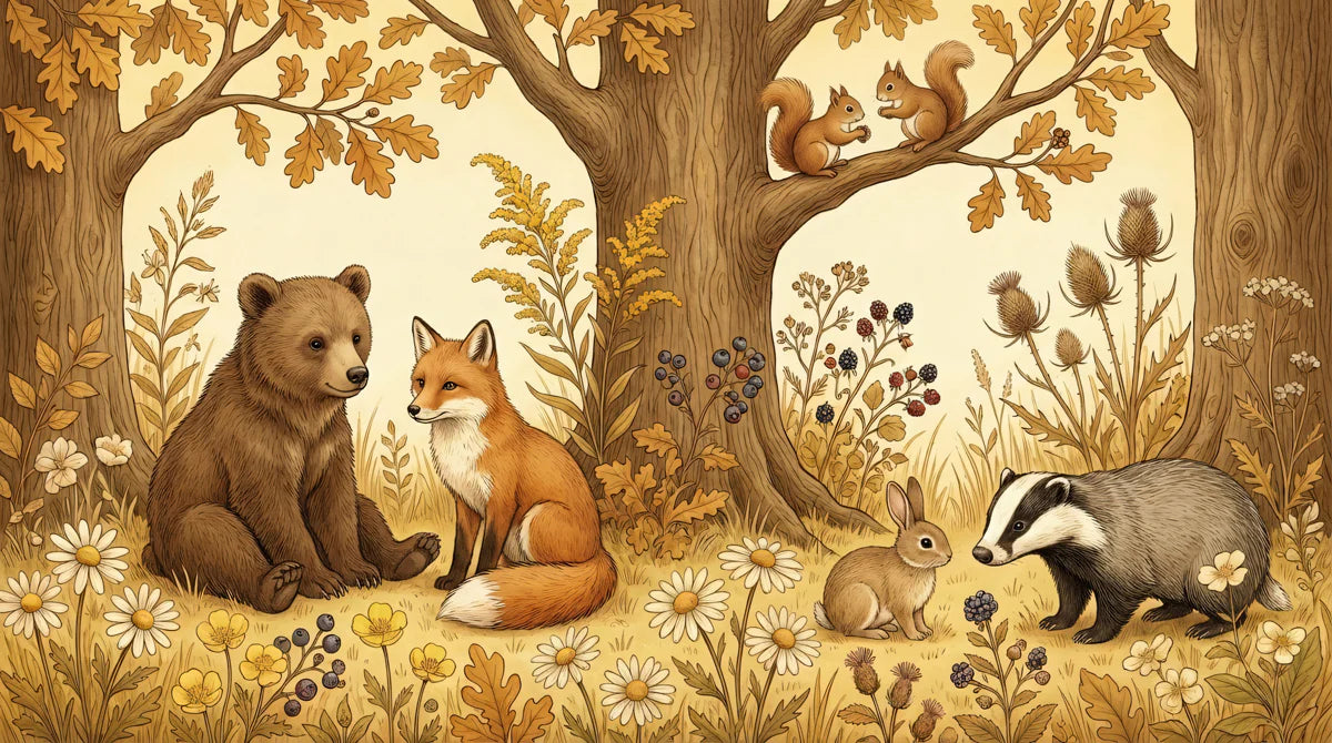 Autumn Woodland Friends Mural Wallpaper — Whimsical Storybook Scene Mural Wallpaper - room preview 04