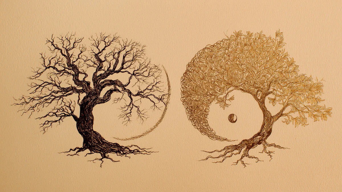 Dual Nature Yin-Yang Tree Mural Wallpaper — Fine Line Art Mural Wallpaper - room preview 04