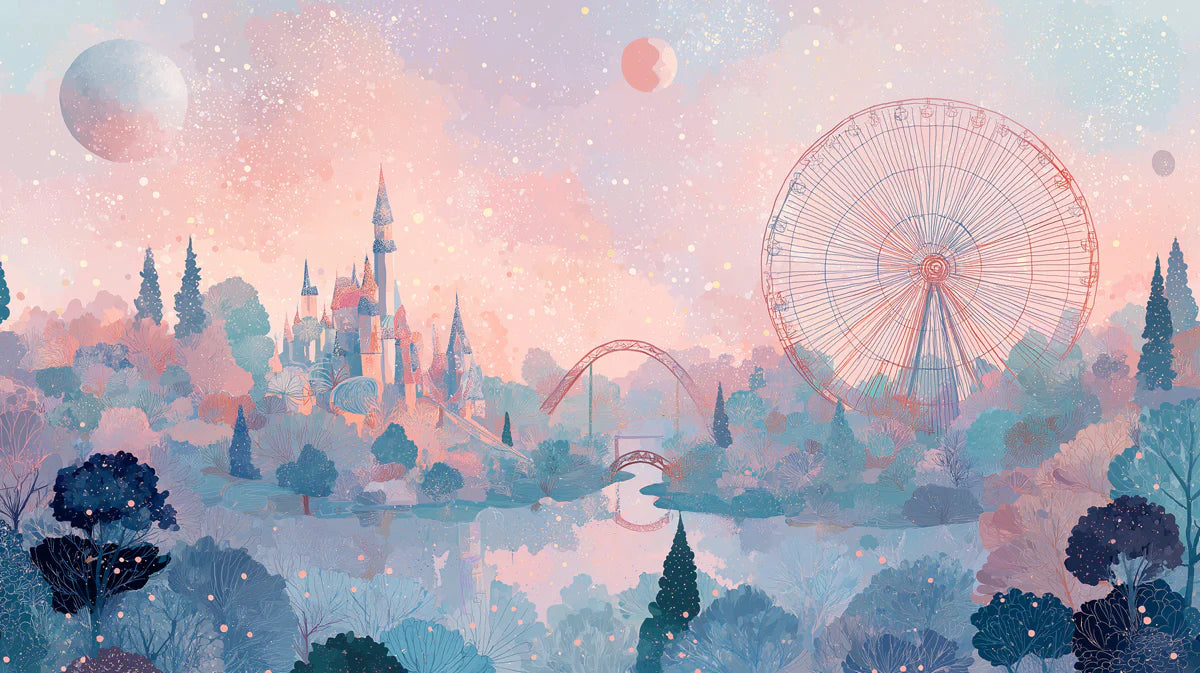 Celestial Fairground Mural Wallpaper — Whimsical Pastel Landscape Mural Wallpaper - room preview 04