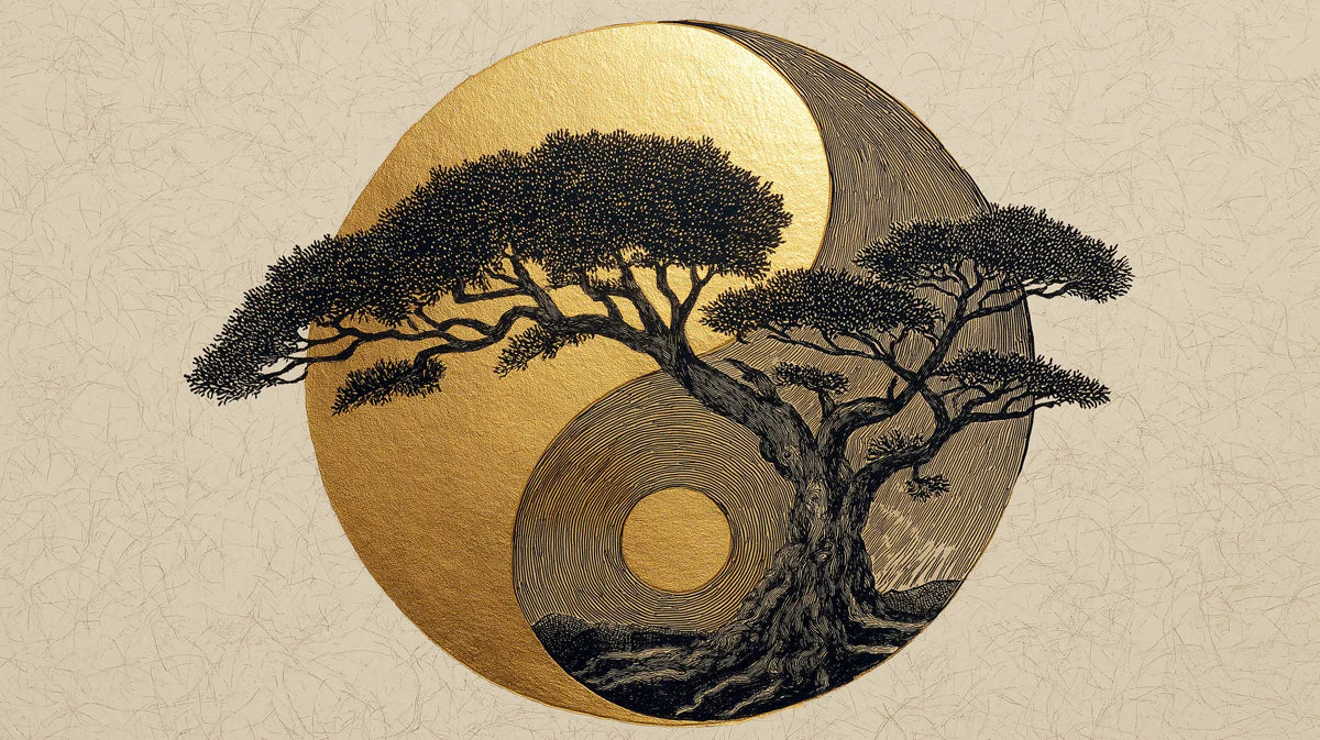 Zen Bonsai Yin-Yang Mural Wallpaper — Gold and Charcoal Art Mural Wallpaper - room preview 04