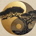 Zen Bonsai Yin-Yang Mural Wallpaper — Gold and Charcoal Art Mural Wallpaper - room preview 04