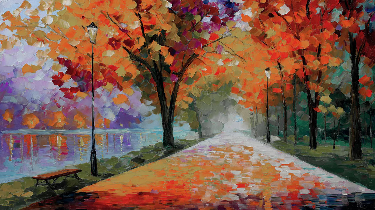 Autumn Lakeside Path Mural Wallpaper — Impressionist Oil Painting Mural Wallpaper - room preview 04