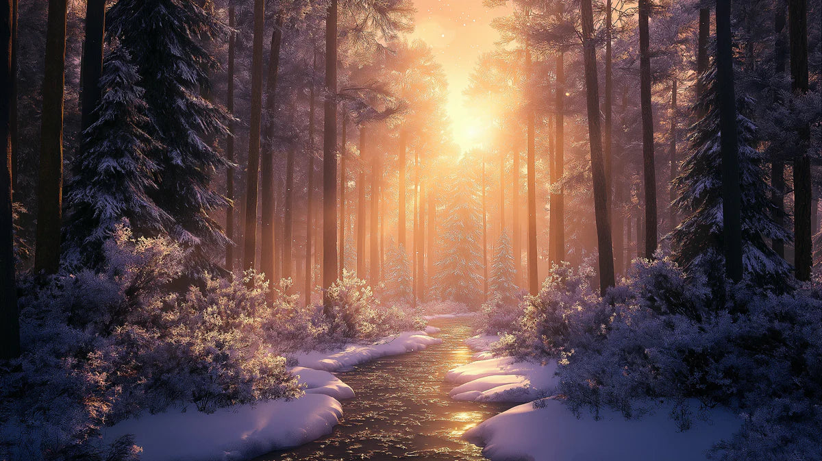 Winter Sunset Pine Forest Mural Wallpaper — Cinematic Scenic Decor Mural Wallpaper - room preview 04