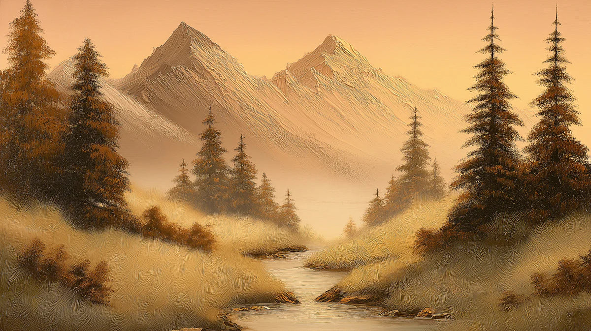 Golden Wilderness Mountain Stream Mural — Oil Painting Style Mural Wallpaper - room preview 04