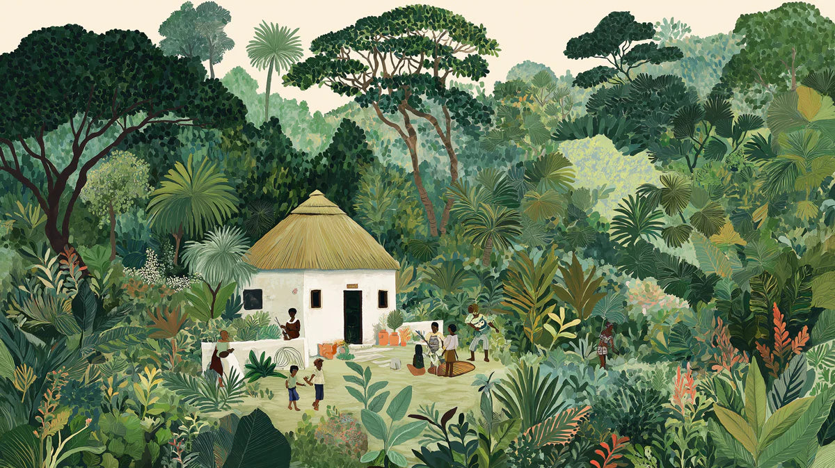 Traditional Village Life Mural Wallpaper — Lush Botanical Art Mural Wallpaper - room preview 04