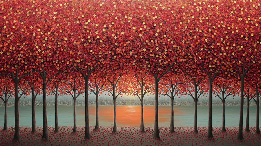 Herbstsonnenuntergang-Wald-Wandtapete – Lebendige impressionistische Kunst-Wandtapete printable artwork