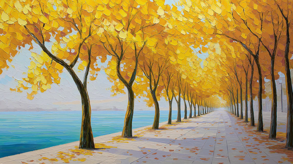 Golden Autumn Waterfront Mural — Impressionist Oil Painting Style Mural Wallpaper - room preview 04