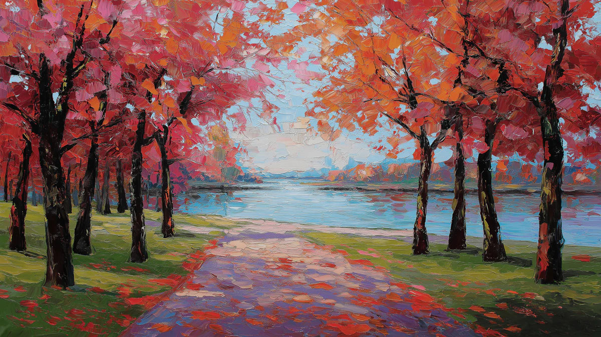 Autumn Riverside Impasto Mural Wallpaper — Vibrant Oil Landscape Mural Wallpaper - room preview 04