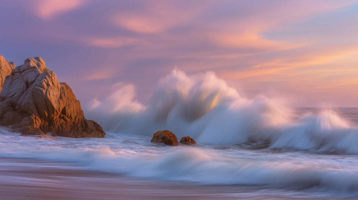 Coastal Twilight Wave Mural Wallpaper — Long Exposure Seascape Mural Wallpaper - room preview 04