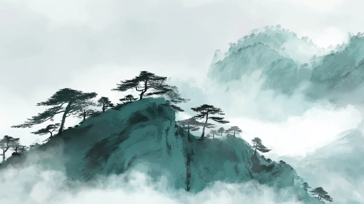 Mist-Shrouded Pine Mountain Mural Wallpaper — Ink Wash Landscape Mural Wallpaper - room preview 04