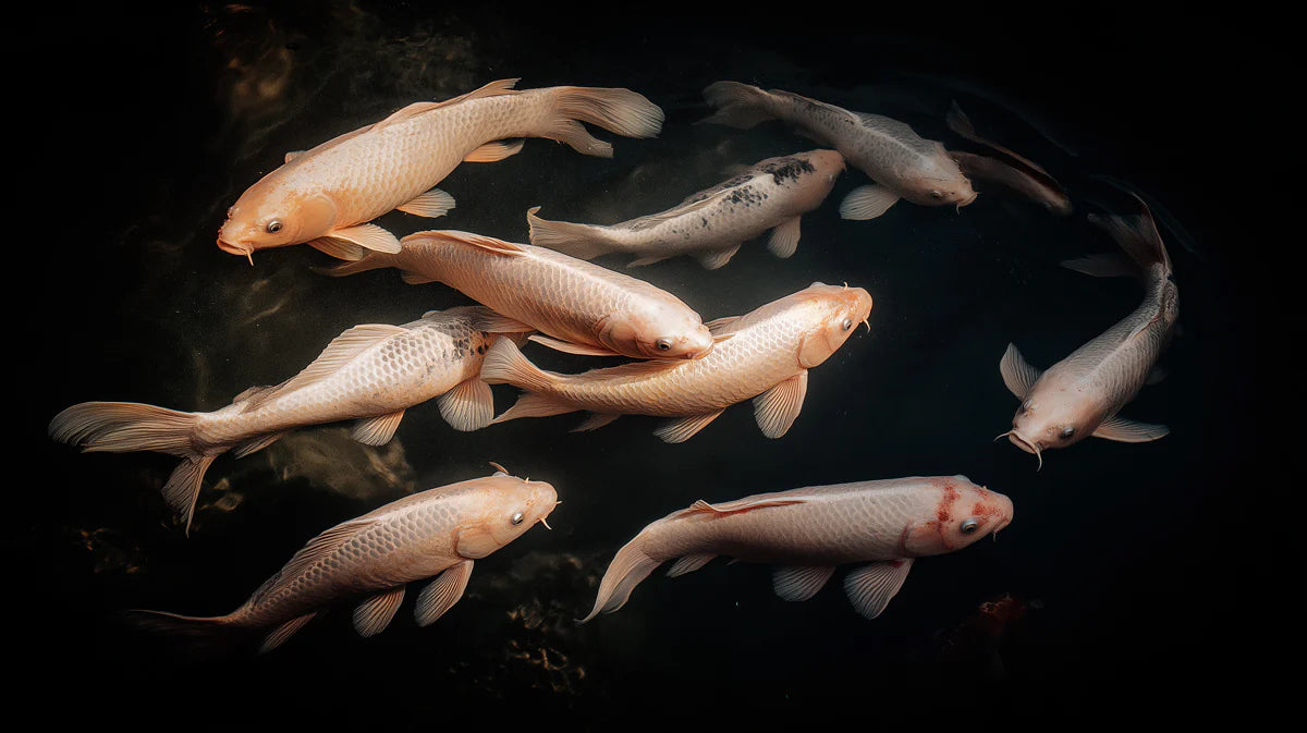 Floating Koi Fish Mural Wallpaper — Dramatic Monochrome Pond Art Mural Wallpaper - room preview 04