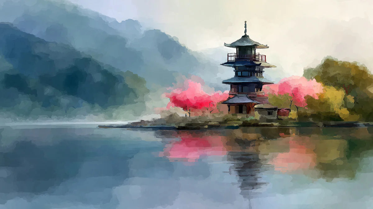 Mist-Covered Lakeside Pagoda Mural Wallpaper — Artistic Impression Mural Wallpaper - room preview 04