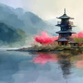 Mist-Covered Lakeside Pagoda Mural Wallpaper — Artistic Impression Mural Wallpaper - room preview 04