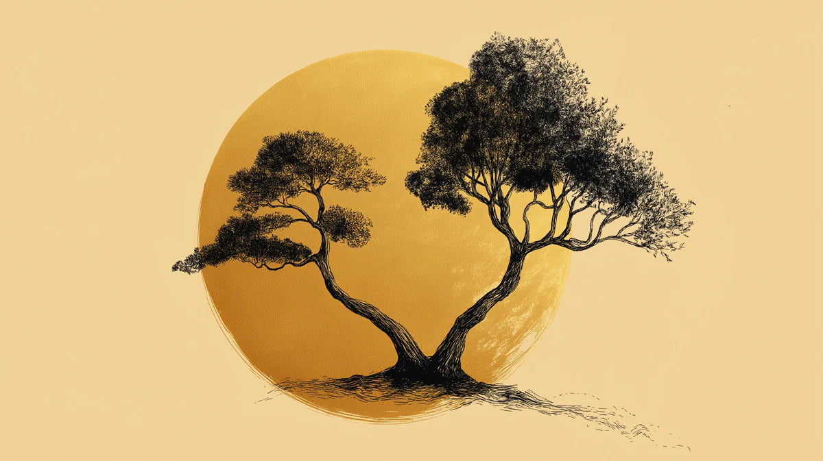 Entwined Tree Silhouette Mural Wallpaper with Golden Sun Backdrop Mural Wallpaper - room preview 04
