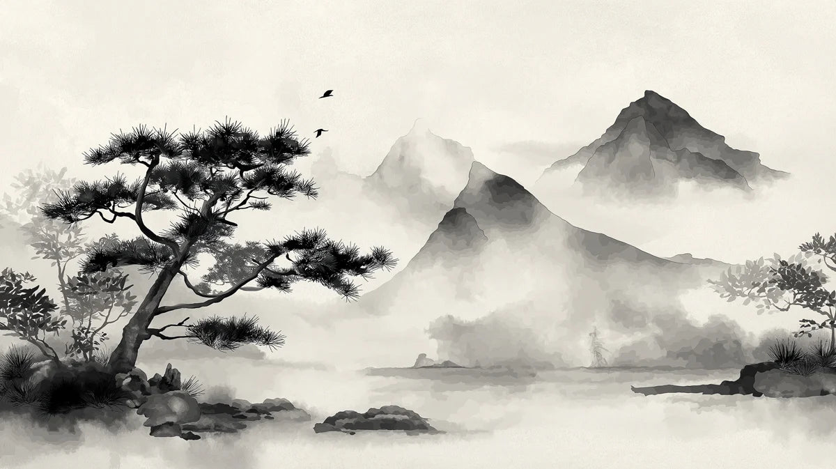 Mist-Shrouded Mountainscape Mural Wallpaper — Ink Wash Landscape Mural Wallpaper - room preview 04