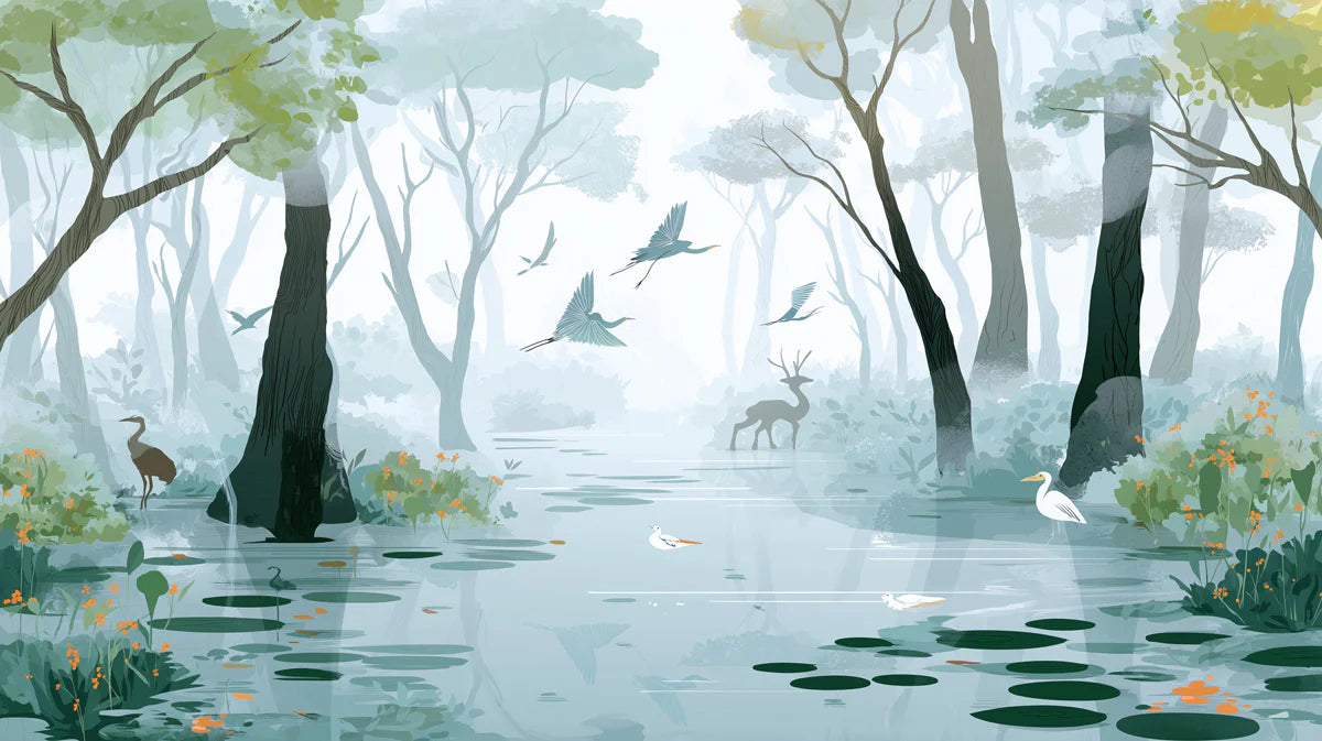 Misty Wetland Wildlife Mural Wallpaper — Ethereal Nature Scene Mural Wallpaper - room preview 04
