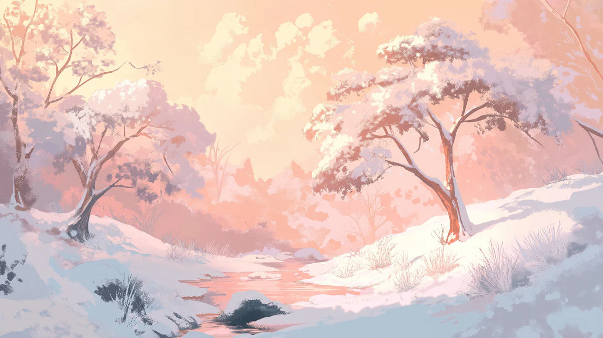 Snowy Peach Blossom Valley Mural Wallpaper — Dreamy Pastel Landscape Mural Wallpaper - room preview 04