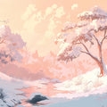 Snowy Peach Blossom Valley Mural Wallpaper — Dreamy Pastel Landscape Mural Wallpaper - room preview 04