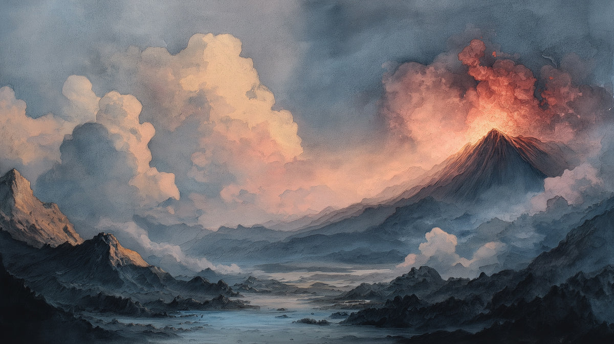 Volcano Ascent Watercolor Mural Wallpaper — Moody Mountain Landscape Mural Wallpaper - room preview 04