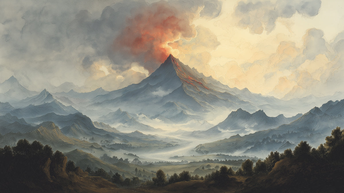 Volcanic Mountain Landscape Mural Wallpaper — Painterly Artistic Scene Mural Wallpaper - room preview 04