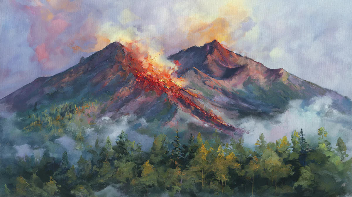 Fiery Mountain Peak Mural Wallpaper — Dramatic Oil Painting Scene Mural Wallpaper - room preview 04