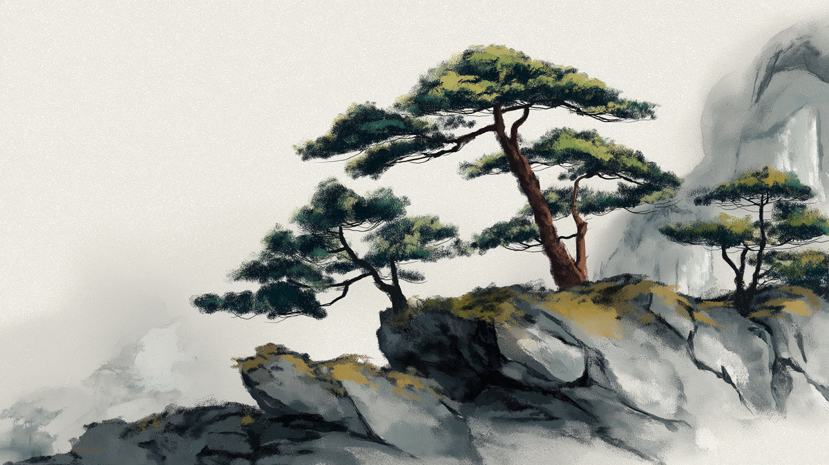 Zen Mountain Pine Mural Wallpaper — Ink Wash Landscape Mural Wallpaper - room preview 04