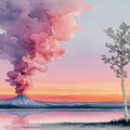 Watercolor Sunset Mountain Mural Wallpaper — Dreamy Lakeside Landscape Mural Wallpaper - room preview 04