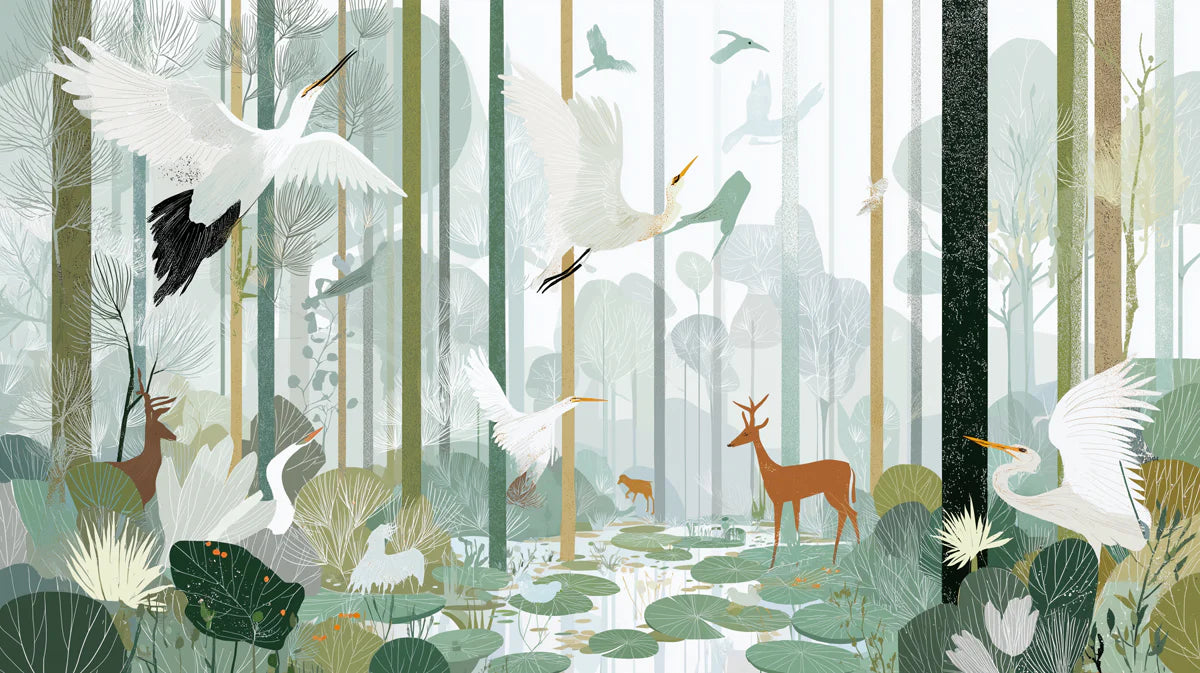 Egrets and Forest Wetlands Mural Wallpaper — Ethereal Nature Scene Mural Wallpaper - room preview 04