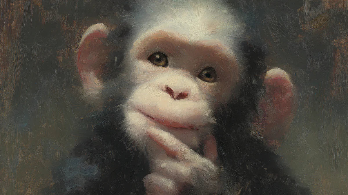 Contemplative Baby Chimp Oil Painting Mural Wallpaper - room preview 04