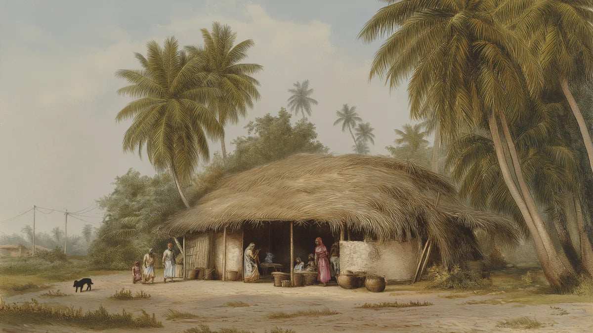 Vintage Tropical Village Mural Wallpaper — Hand-Drawn Landscape Mural Wallpaper - room preview 04