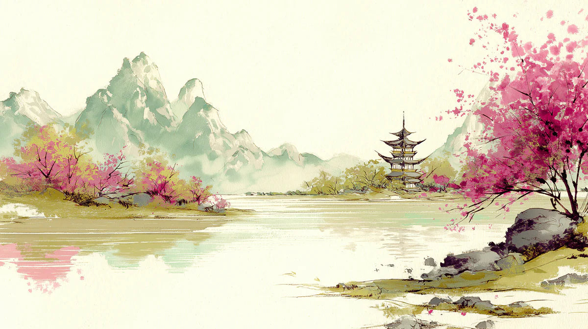 Zen Pagoda Landscape Mural Wallpaper — Painterly Ink Wash Style Mural Wallpaper - room preview 04