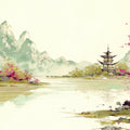 Zen Pagoda Landscape Mural Wallpaper — Painterly Ink Wash Style Mural Wallpaper - room preview 04